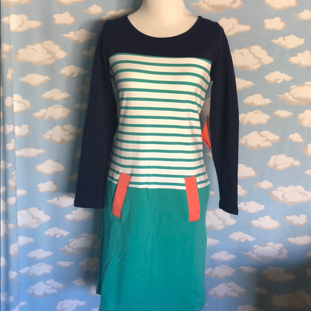 Tracy Negoshian 3/4 sleeve Bella Dress color block striped navy/teal Sz XS